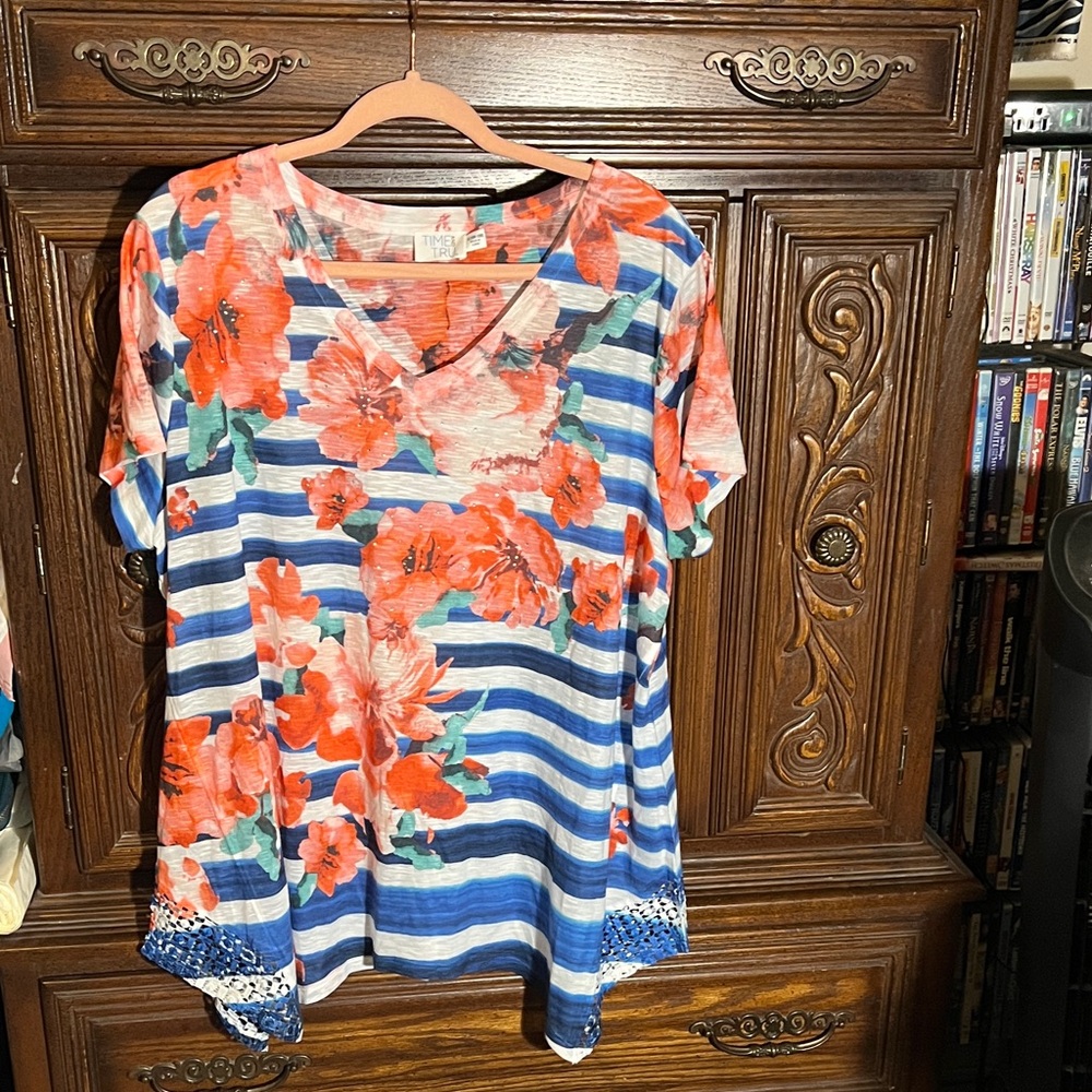 Time and Tru Blue Striped Floral Top